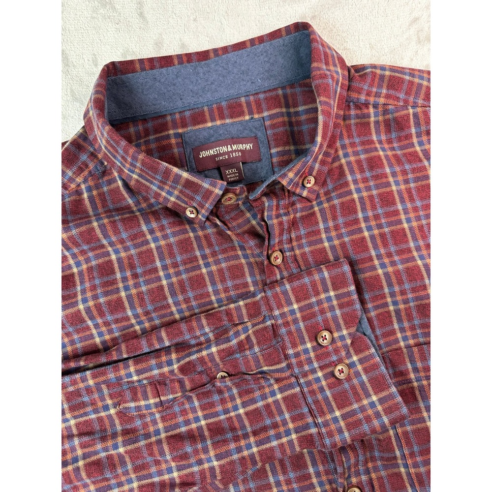 Johnston Murphy Shirt XXXL Burgundy Blue Plaid‎ Button Down